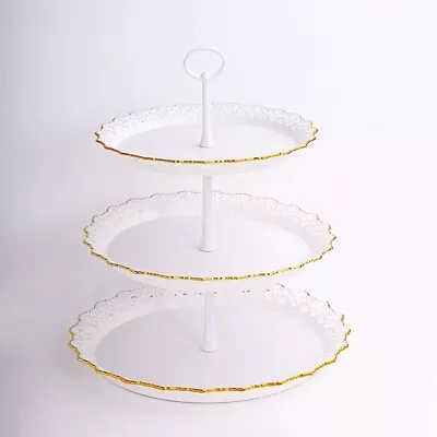 White Gold 15  Plastic 3 Tier Metallic Round Cupcake Display Tower Lace Cut Rim • $14.83