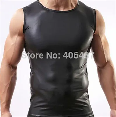Mens Sexy Leather Look Tight Fitting Muscle Top - S M L XL - Brand New • £18.99
