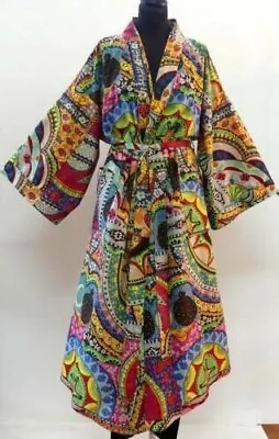 Indian Israil Print  Cotton Kimono Bath Robe Women Nightwear Gown Long Dress • £21.96