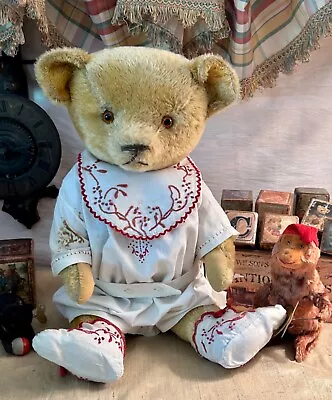 22” ANTIQUE 1910s AMERICAN MOHAIR TEDDY BEAR IN VINTAGE EMBROIDERED BABY CLOTHES • $285