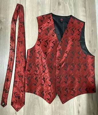 Q BRAND Formal Steampunk Red Paisley Brocade Vest Fabric Buttons Sz Large W/Tie • $29.99