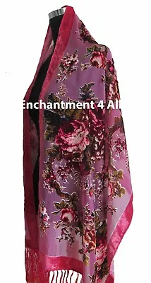 Elegant 100% Silk Burnout Velvet Vintage Floral Oblong Scarf Shawl Wrap Pink • $27.99