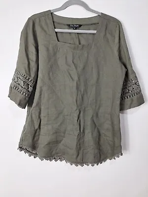 Ellen Reyes Original Olive Square Neck 3/4 Sleeve 100% Linen Blouse Crochet S • £8