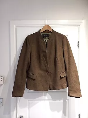 Zara Khaki Check 100% Wool Tweed Blazer Jacket Size XL 12 14 Uk Elbow Patches  • £38