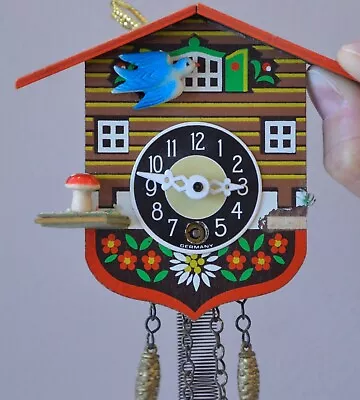 Vintage J Engstler Mini Clock Swiss Chalet Blue Bird Bouncing Girl W/ Key German • $22