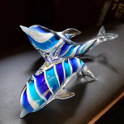 2 Large Murano Venetian Blown Glass Dolphins Signed By Dante Veni • $240