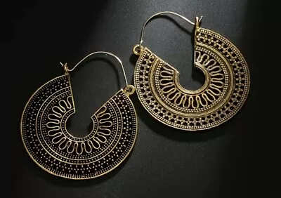 Gold Plated Vintage Brass Hoops Boho Tribal Mandala Gypsy Earrings Round Nwt Usa • $6