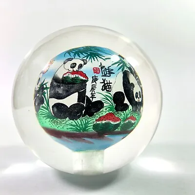 $17.99 • Buy Glass Ball Reverse Hand Painted Paperweight Pandas Eat Watermelons Chinese PW6