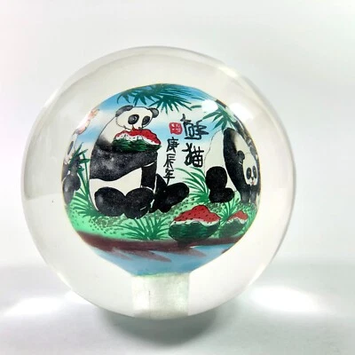 $17.99 • Buy Glass Ball Reverse Hand Painted Paperweight Pandas Eat Watermelons Chinese PW6