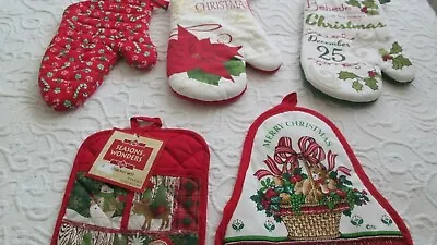 5 New Oven Mitts Pot Holders Christmas Winter Woods Candy Canes Poinsettia Bears • $11.17