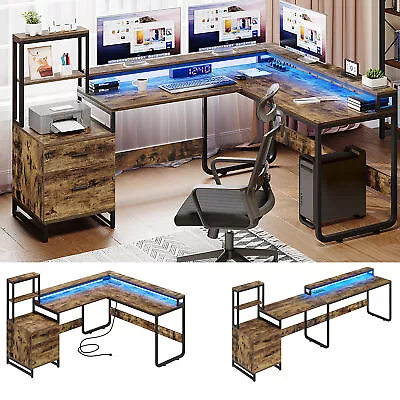 LED L Shaped Desk With Power Outlet 87  Reversible Computer Desk With Drawers • $165.99