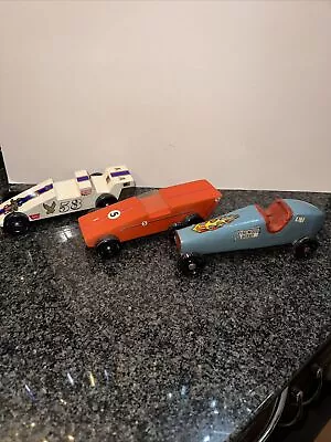 Vintage - 3 - Pinewood Derby Scout Race Car With Decals And Carving Folk Art • $69