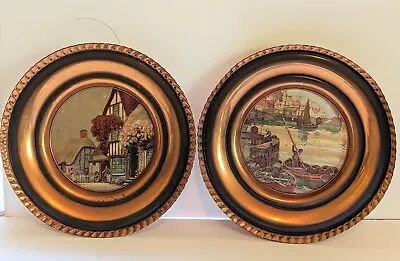 2 Vtg Solid Copper Foil Art Pictures Wall Hanging Plate Made In Belgium Rare • $18