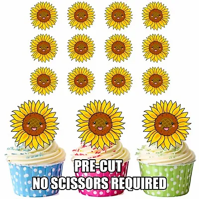 PRECUT Pretty Sunflowers Edible Cupcake Toppers Cake Decorations Party Birthday • £3.75