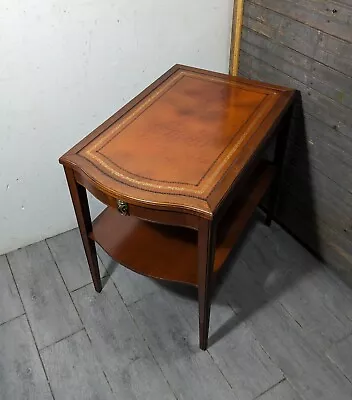 Vintage Leather Top Mahogany Wood 2-Tier End Table W Drawer English Regency • $270