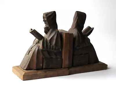 Antique Vintage Hand Carved Wooden Monk Figurine Bookends • $29