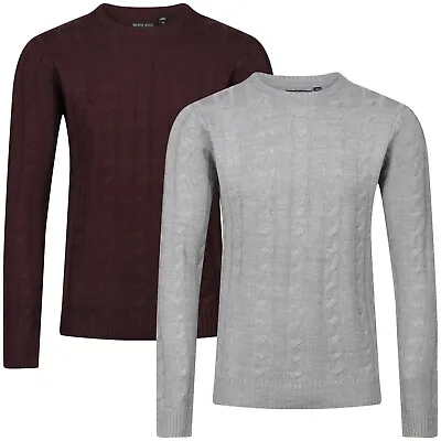 New Mens Chunky Cable Knit Jumper Long Sleeve Crew Neck Sweater Knitted Warm Top • £9.99