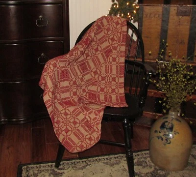 $24.95 • Buy Primitive Antique Vtg Style Red Tan Cotton Woven 32  COVERLET Square RQ30RSS