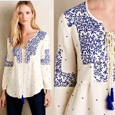 VANESSA VIRGINIA Anthropologie  Libra  White Blue Embroidered Boho Tassel Top 2 • $14.95