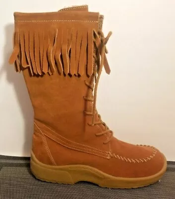 HIPPIE Boho Fringed Lace-UP Moccasin Style Tan SUEDE BOOTS Size 7.5 Report Brand • $44.99