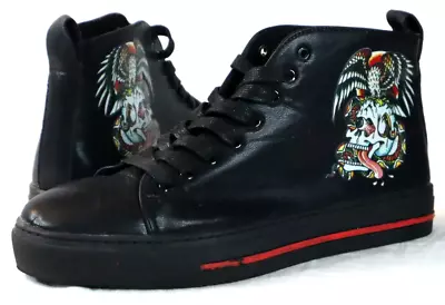 ED HARDY RARE Black Lace Up Shoes Size 8.5 Skull Snake Eagle Trippy Graphic • $75.99