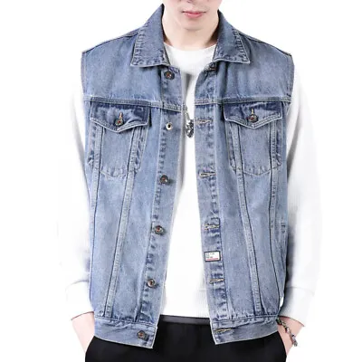 Cowboy Waistcoat Men Casual Multi-pocket Cargo Vest Sleeveless Denim Jacket 5XL • $54.99