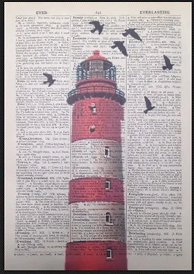 Vintage Red Lighthouse Dictionary Page Print Picture Art Nautical Seaside Beach • £5