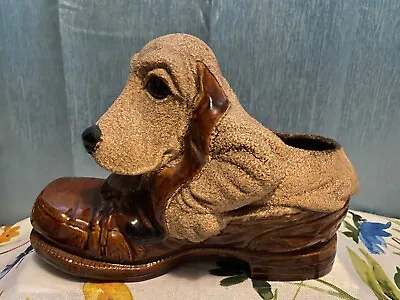 Vtg Royal Haeger Pottery HOUND DOG SHOE CO. PLANTER Sand & Brown Glaze 7.5  T149 • $32.95