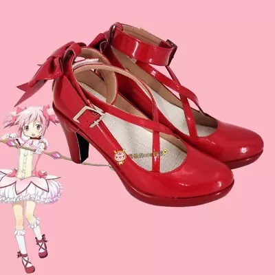 Anime Magic Girl Kaname Madoka Cosplay Shoes Prop PU Red Tie Button High Heels • $47.70