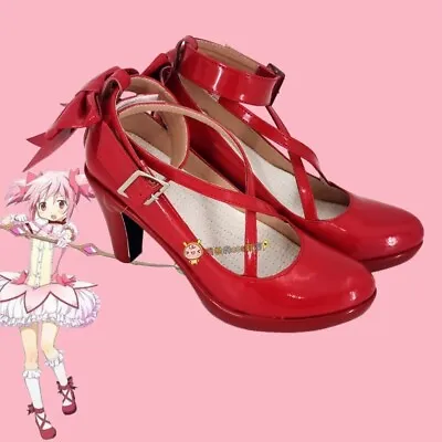 Cartoon Magic Girl Kaname Madoka Cosplay Shoes Prop Round Toe PU Red High Heels • $40.48