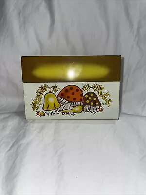 Vintage MERRY MUSHROOM Recipe Box Metal Tin With Old Recipes Boho Yellow Orange • $34.99