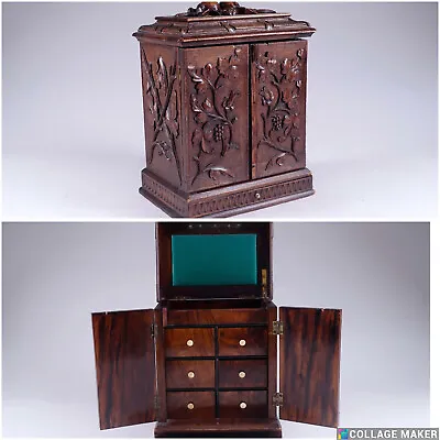 Antique BLACK Forest Wood Carving Cabinet  Drawers Rare 19thc Germany • £985.24