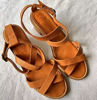 Anthology Paris Heeled Leather/Wood Burnt Carmel Sandals W/Ankle Strap Size 40/9 • $45