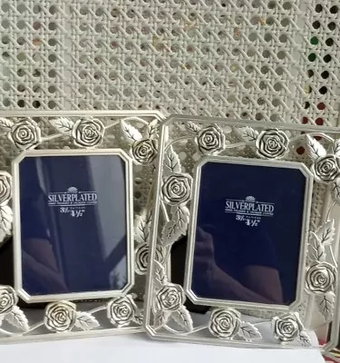 VTG Silver Plated Frame Set 2 Matte Ornate Rose Leaf 3 1/2 X 4 1/2 In Photo Gift • $39.97