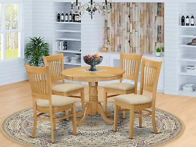 5pc Kitchen Dinette 36  Round Pedestal Table + 4 Padded Dining Chairs Light Oak • $540