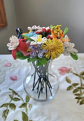 Lot 18 + 2 Buds Sm-Med Vintage Glass Seed Beaded Multicolored Flowers W/ Leaves  • $64.95