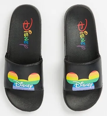 £11.99 • Buy Disney Mickey Minnie Mouse Black Logo Rainbow Pool Sliders UK Shoe Size 3-4 New