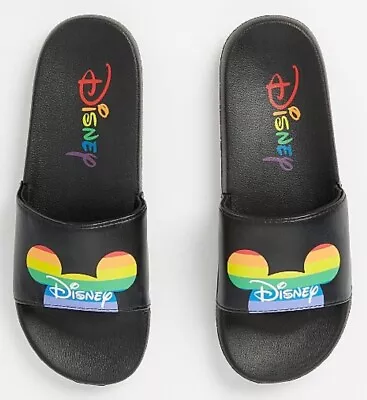 Disney Mickey Minnie Mouse Black Logo Rainbow Pool Sliders UK Shoe Size 3-4 New • £11.99