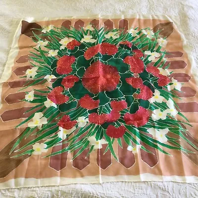 VINTAGE SCARF 35” Sq  HAND PAINTED ABSTRACT FLORAL ART SILK Green Red Brow (m19) • $12.50