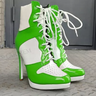 Women Ankle Boots Round Toe Shiny Thin High Heels Comfortable Lace Up Boots Shoe • $55.99