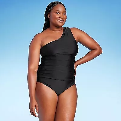 Women's Tummy Control One Shoulder Ruched Full Coverage One Piece Swimsuit - • $7.99