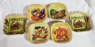 Vintage Set Of 6 Bamboo Bowls Fruit And Vegetable Design Serving Bowl Squared • $30