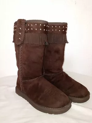 LN Montana West Size 7 Suede Boots With Fringe Studs Dark Brown • $21