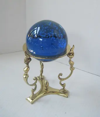 Vintage Blue Crystal Ball With Brass Swag Art Deco Nude Female Stand • $299
