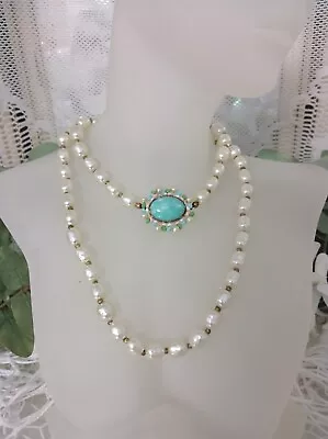 Gorgeous Miriam Haskell Baroque Pearl & Turquoise Cabochon Necklace • $165