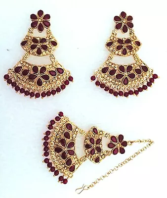 Bridal Maang Tikka Earrings Pearl Kundan Bollywood Gold Tone Indian Red Jewelry • $12.38