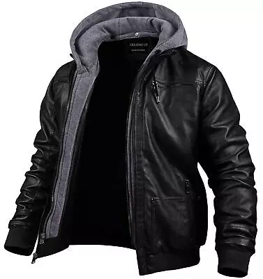 Vintage Bomber Hoodie With Removable Hood Mens Motorcycle Leather Jacket • $100.59