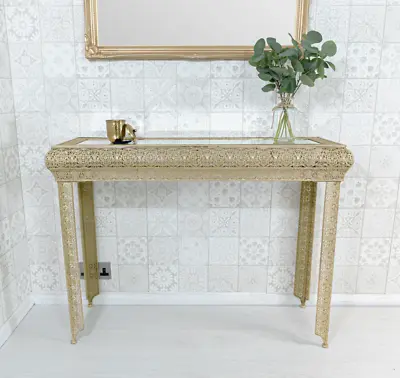 £129 • Buy Antique Gold Console Dressing Table Embossed Moroccan Style Metal Glass (GZ423)