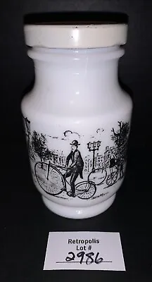 Vintage Lidded Milk Glass Spice Mustard Canister Jar With Victorian Scene • $19
