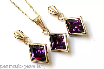 9ct Gold Purple CZ Pendant Necklace And Earring Set Made In UK Gift Boxed  • £85.99